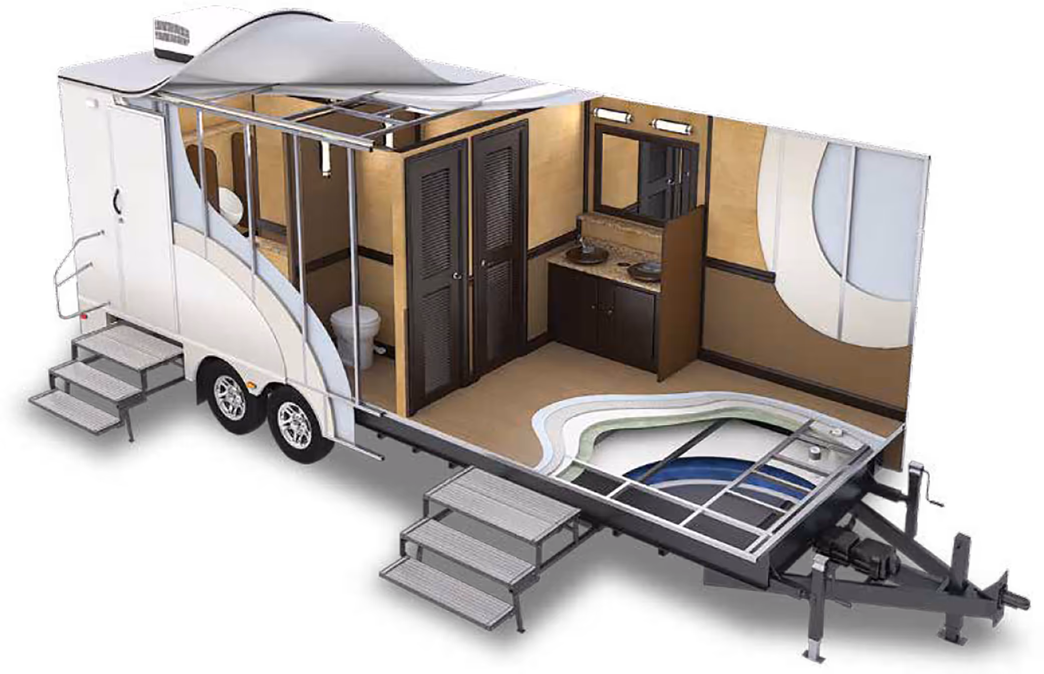 Cutaway view of a trailer featuring a bathroom with double sinks and a separate toilet area.