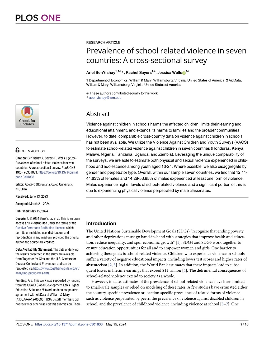 Prevalence of school related violence in seven countries: A cross-sectional survey