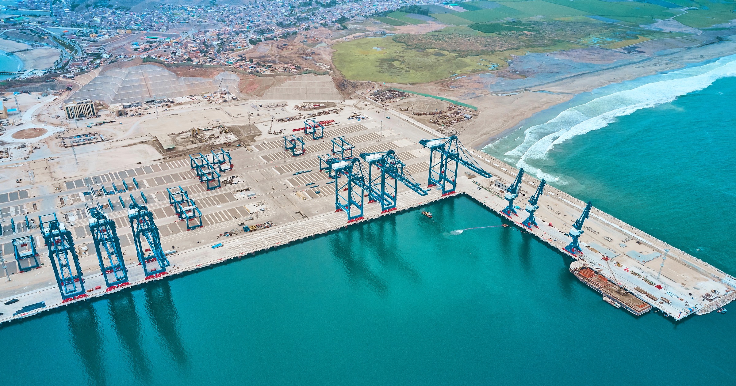 Aerial view of Chancay seaport in Peru, while still under construction. Photo by rjankovsky via Adobe Stock, used under the Standard license.