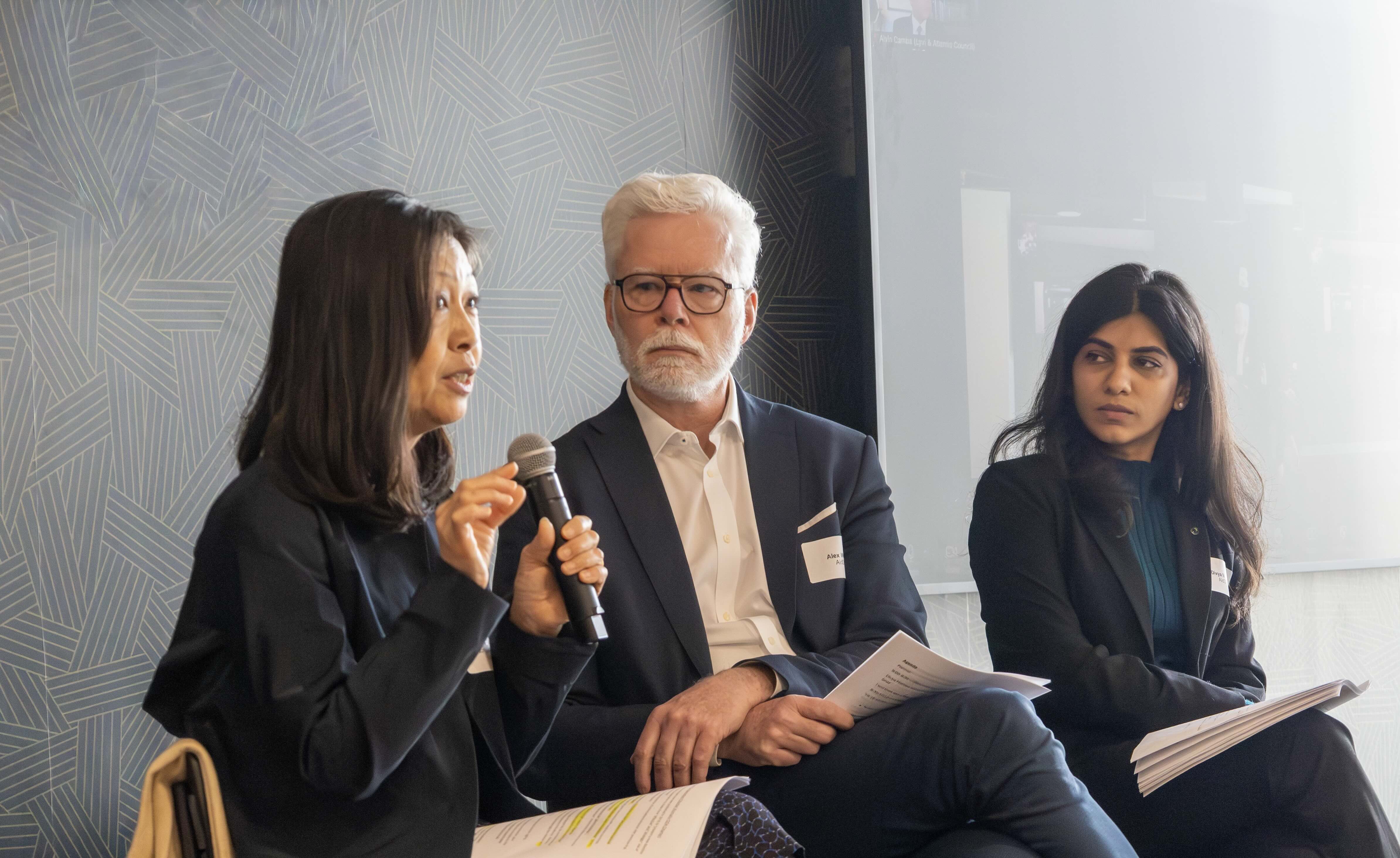From left, Kuniko Ashizawa of George Washington University, Alex Wooley of AidData, and Divya Mathew of AidData, during a panel discussion on March 26, 2026 in Washington, D.C. Photo by Sam Gruber, AidData.