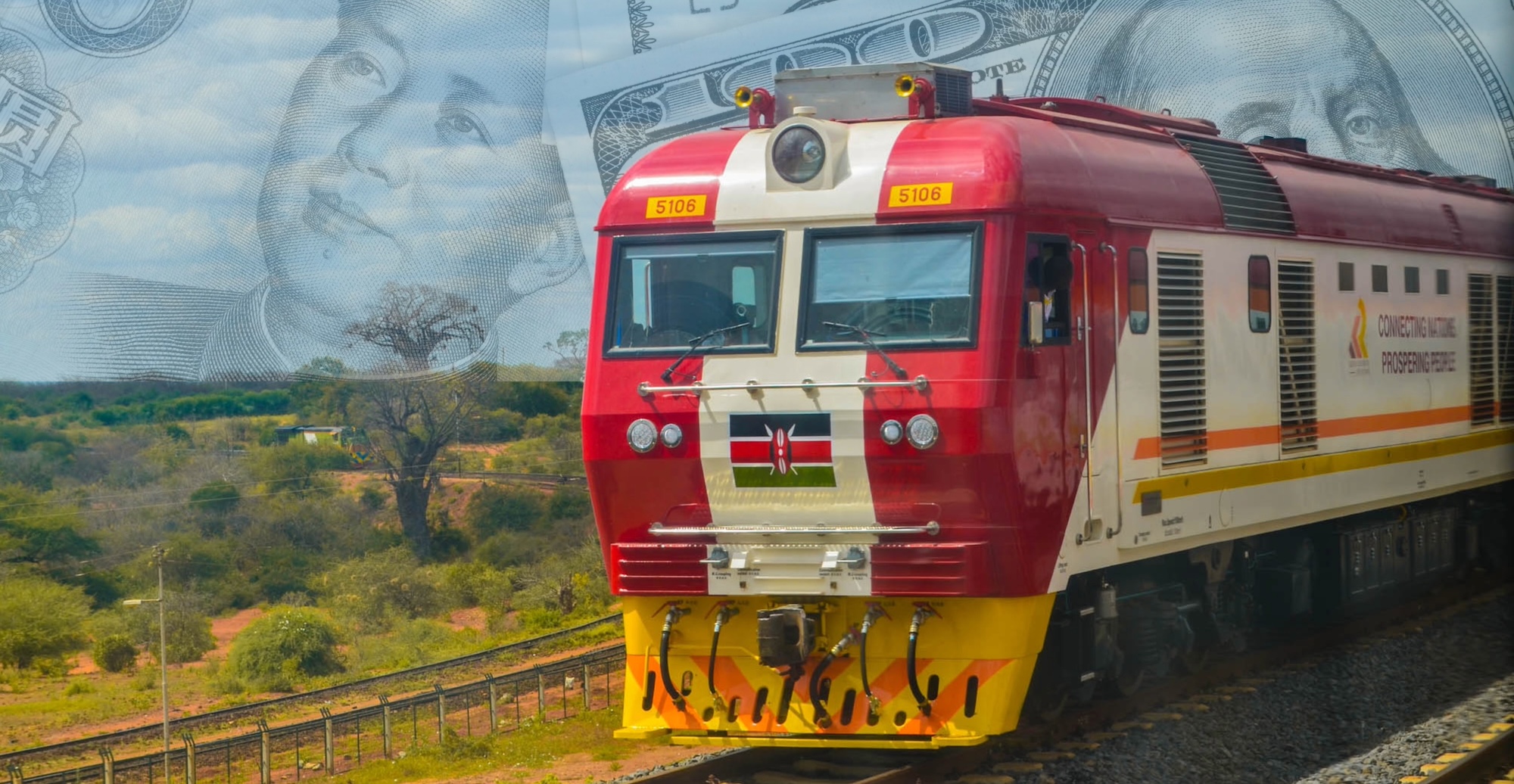 A locomotive on Kenya’s new Standard Gauge Railway line traveling from Mombasa to Nairobi. Railway image by Erasmus Kamugisha, licensed under CC BY-SA 4.0; USD and RMB currency image by Feng Yu via Adobe Stock, used under the Standard license. 