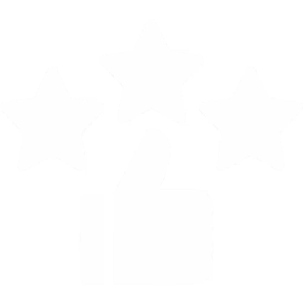 Icon showing a thumbs up with three stars above, symbolizing high reputation, customer satisfaction, and quality service.