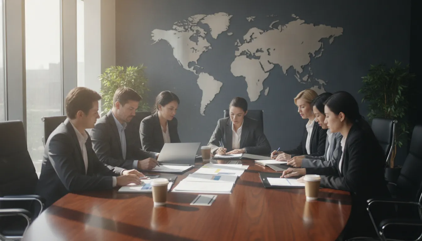 Diverse HR team meeting in corporate office with world map discussing global employee relocation strategy