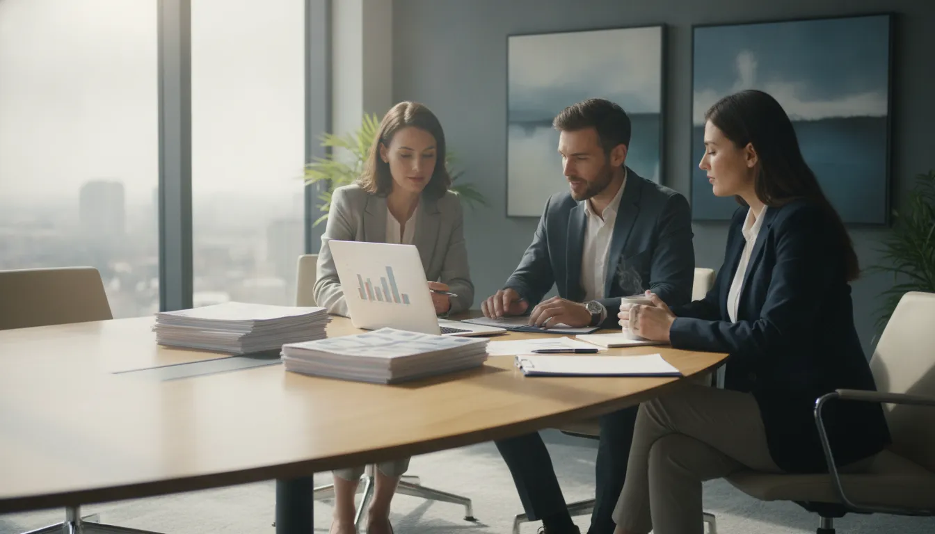 HR and Total Rewards professionals reviewing relocation policy documents in a conference room.