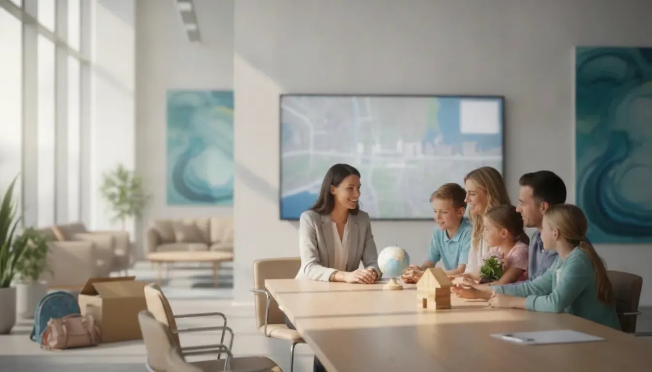 Relocating employee and family meeting a relocation coordinator