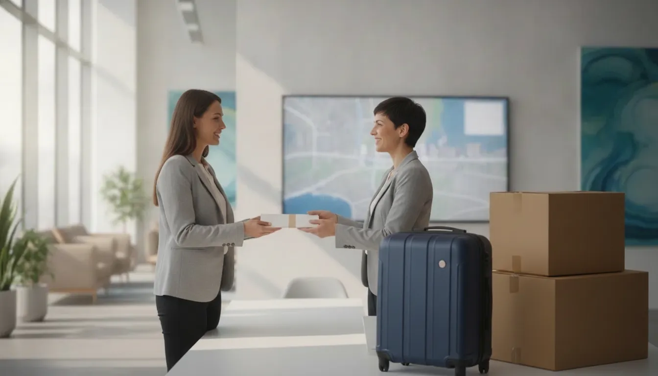 A relocation coordinator welcoming an employee and explaining the relocation package in a bright modern office.