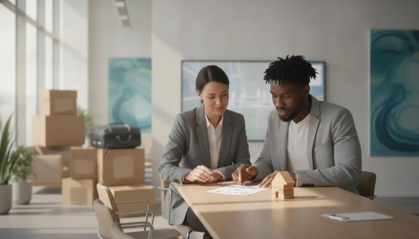 An HR manager and a relocating employee reviewing a relocation plan and moving checklist together at a bright desk.