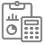 Black icon of a stopwatch on a clipboard next to a calculator symbolizing time and accounting.