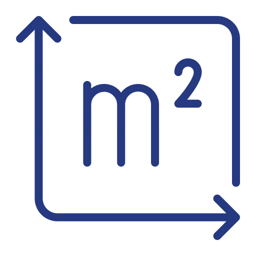Square meter unit symbol with arrows indicating length and width dimensions.
