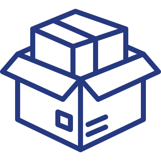 Outline of an open box with a smaller box inside, in dark blue line art.