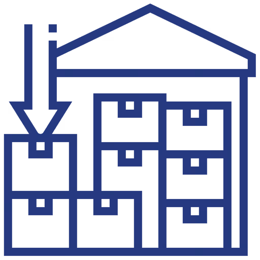 Icon of a warehouse with stacked boxes and a large arrow pointing to one box.