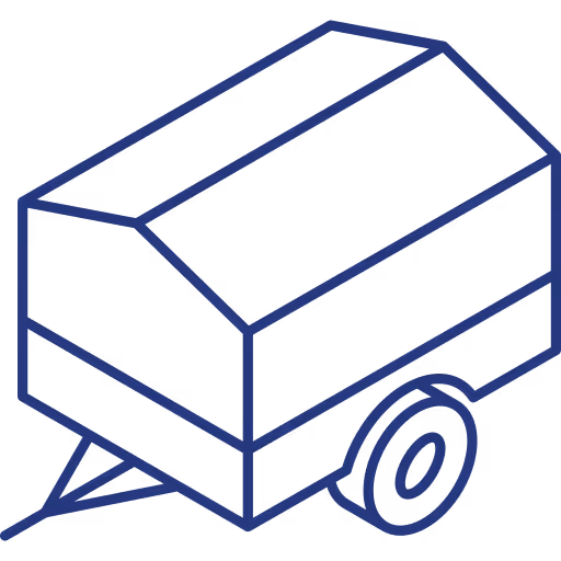 Line drawing of a trailer with one wheel and a covered rectangular cargo area.