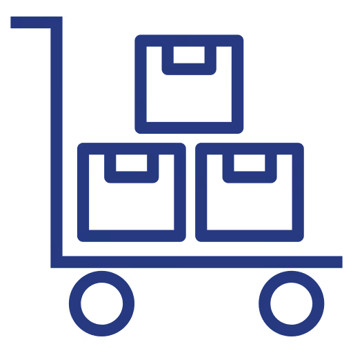 Blue line icon of a hand truck carrying three stacked boxes.