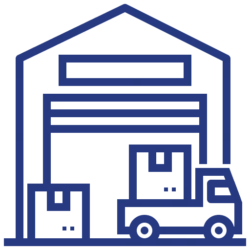 Icon of a warehouse with boxes inside and a truck carrying a box outside.