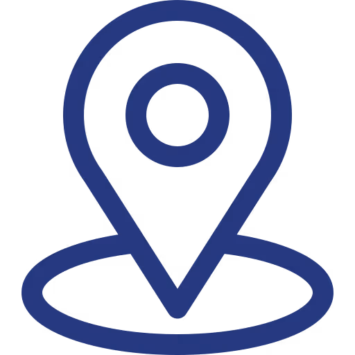 Blue map location pin icon marking a spot inside an elliptical boundary.