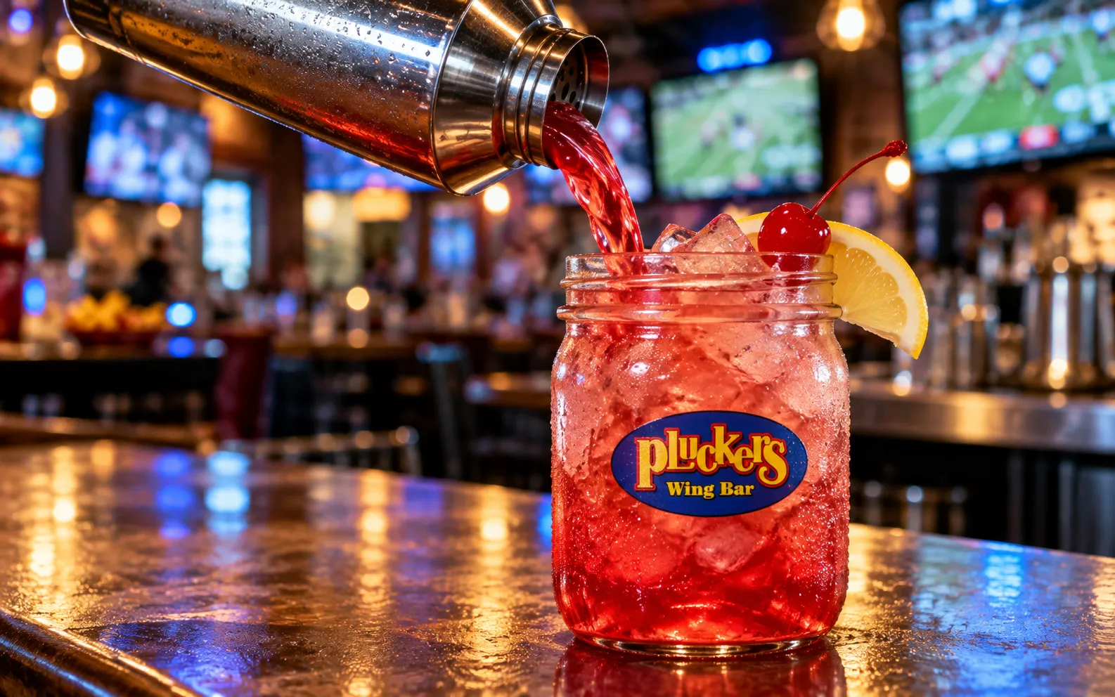Featured drink being poured into a Pluckers mason jar — video preview