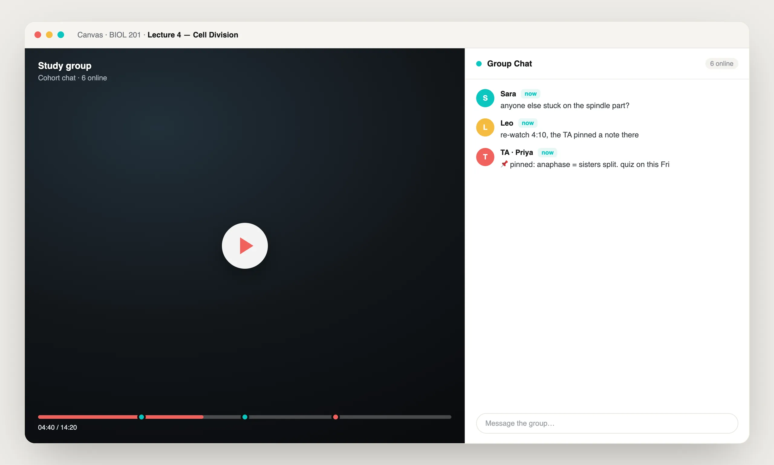 Group Chat in Annoto, shown on a course video