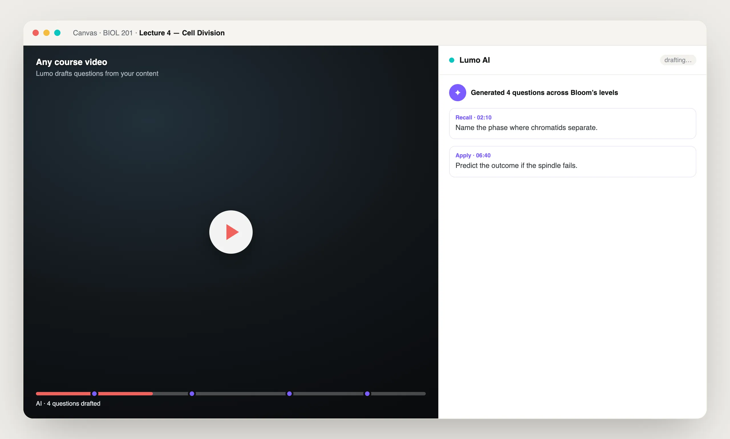 Auto-Generated Quizzes in Annoto, shown on a course video