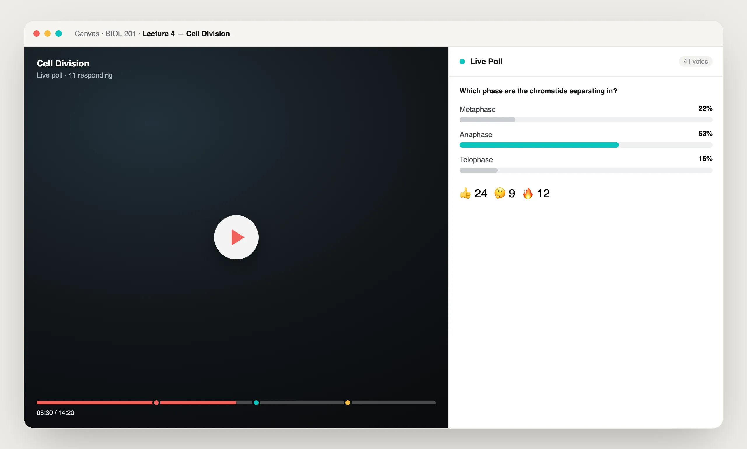 Polls & Reactions in Annoto, shown on a course video