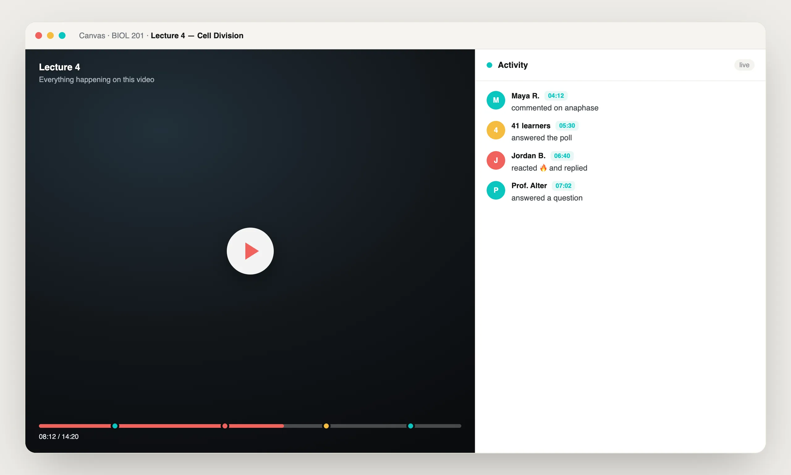 Activity Feed in Annoto, shown on a course video