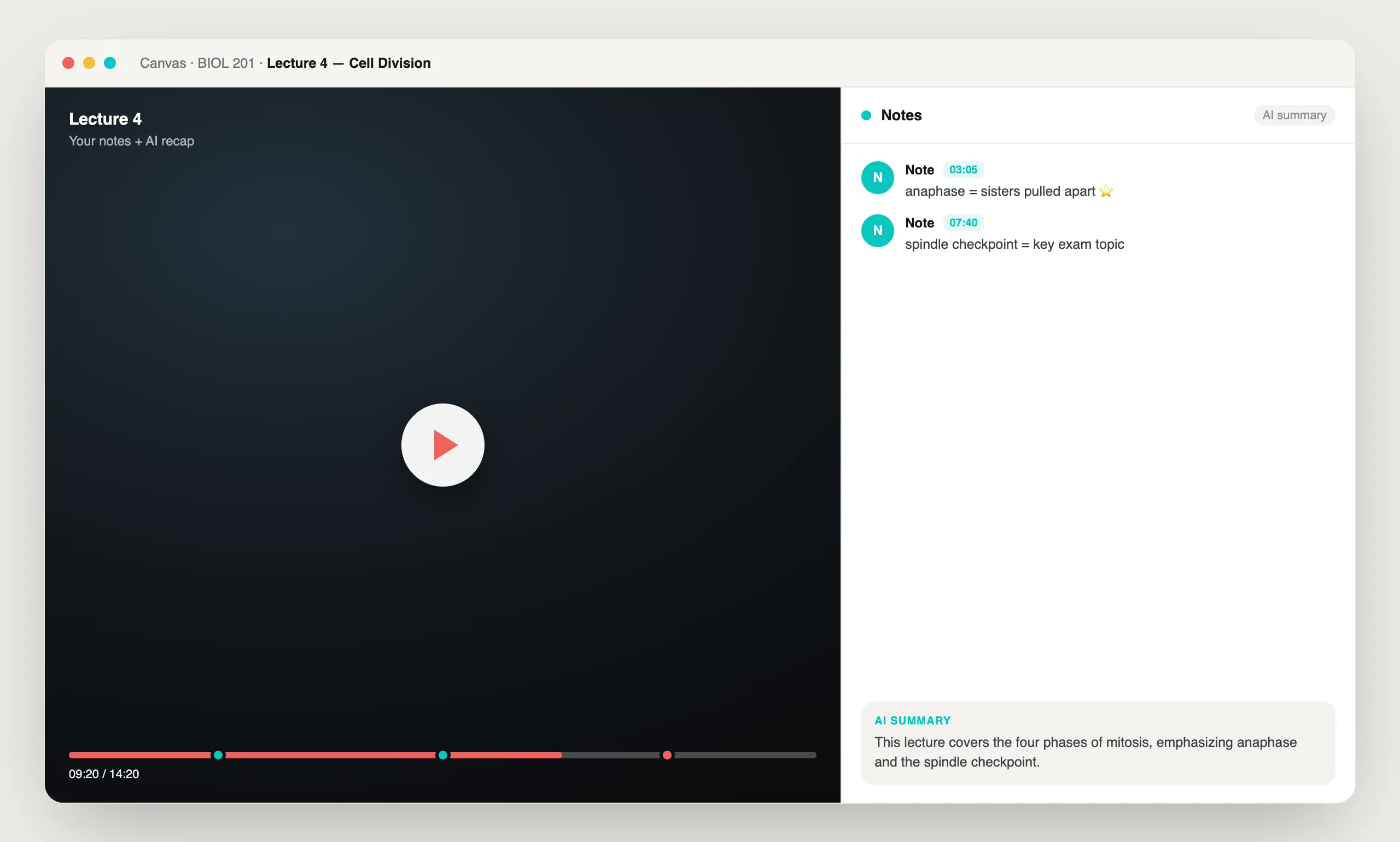 Notes & Summaries in Annoto, shown on a course video