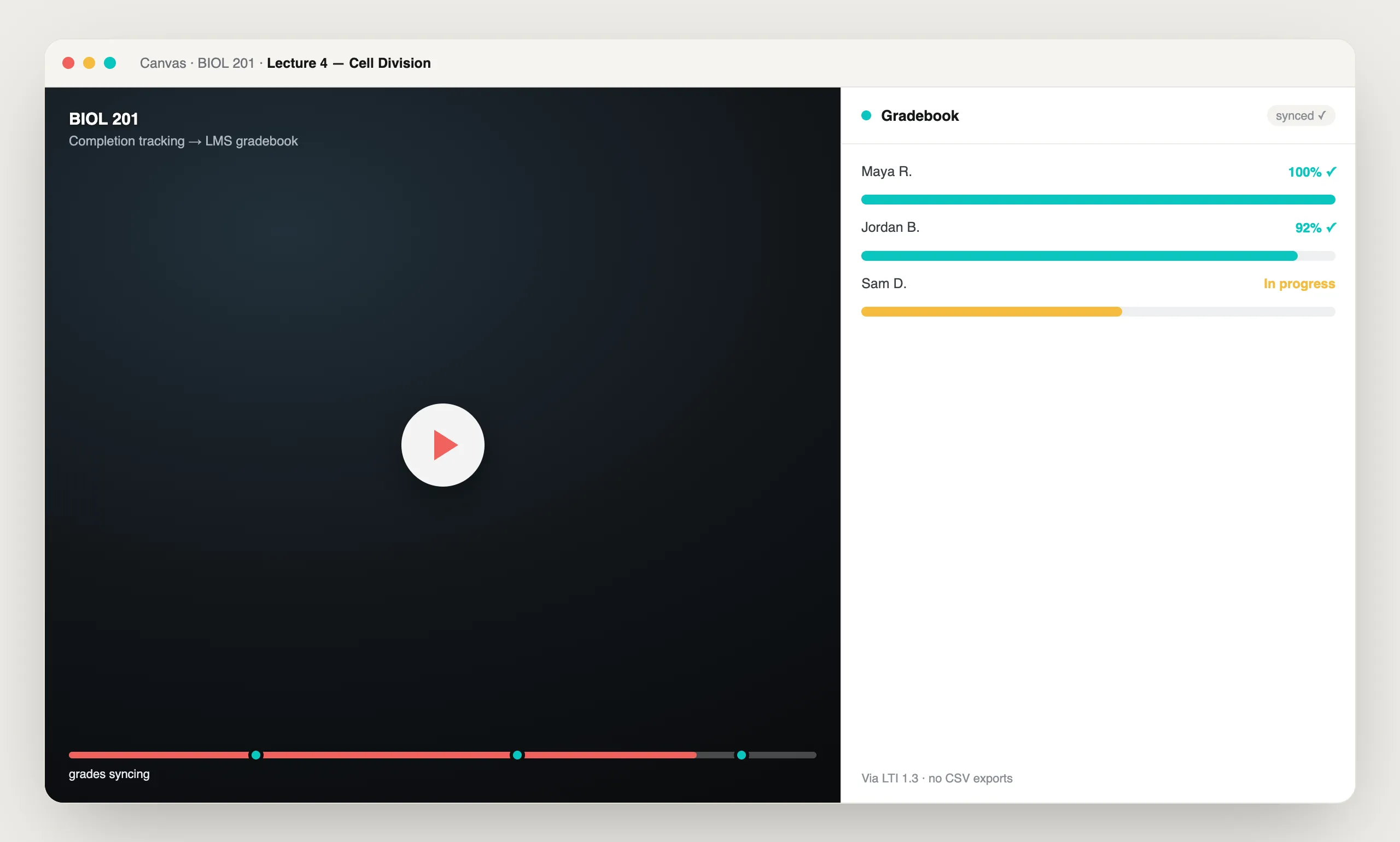 Completion & Gradebook in Annoto, shown on a course video