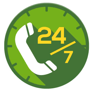 Green clock icon with a phone symbol and "24/7" indicating round-the-clock phone service.