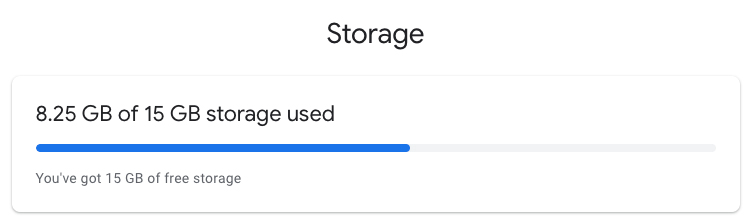 Lišta u služby Google One, která ukazuje, kolik z 15 GB prostoru, který je zdarma, je zaplněno (na obrázku se ukazuje 8,25 GB).