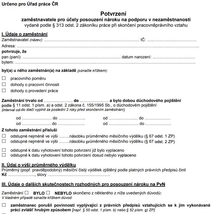 Ukázka formuláře "Potvrzení zaměstnavatele pro účely posouzení nároku na podporu v nezaměstnanosti".