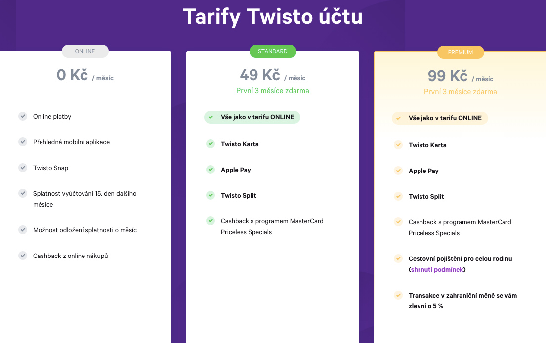 Přehled 3 tarifů, které Twisto nabízí. ONLINE je zdarma, STANDARD za 49 Kč měsíčně a PREMIUM za 99 Kč měsíčně.