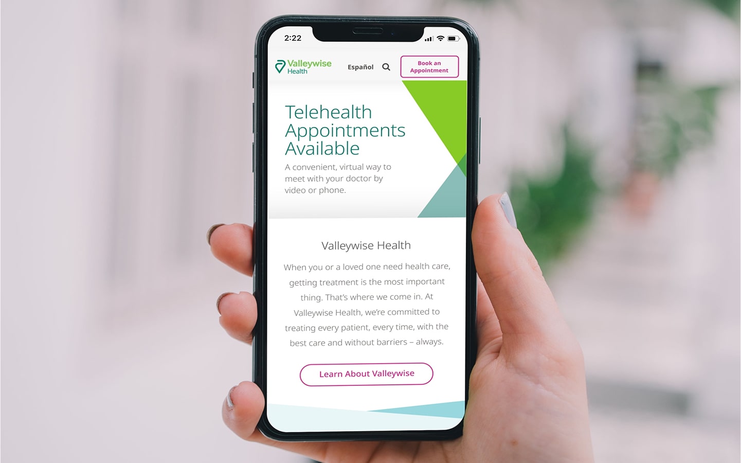 Mobile view of the Valleywise Health homepage. Heading says "Telehealth Appointments Available" with Kelly Green and Pine Green transparent triangles embracing the header composition.