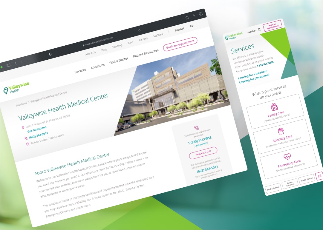 Valleywise Health desktop view of a Location page and a mobile view of the Services page