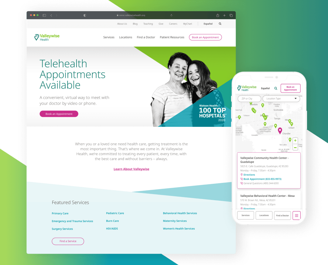 The Valleywise Health website in the desktop view of the homepage, and the mobile view of the Locations page