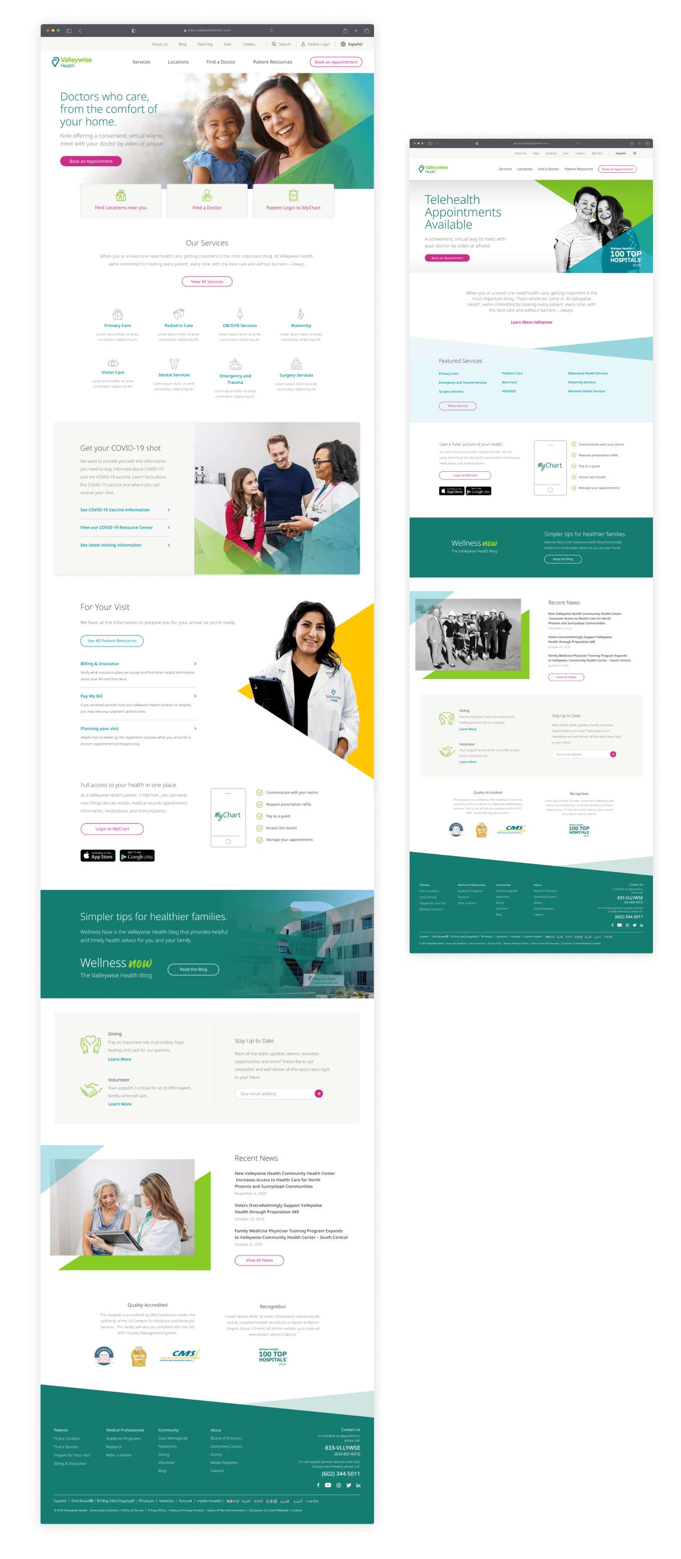 A redesigned Valleywise Health website concept next to version 1.0 of the new Valleywise Health website.