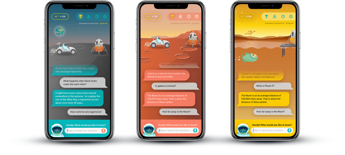 Ask Dr. Discovery Game Mode on mobile featuring three different levels: Level 1, the Moon; Level 2, Mars; Level 3, Titan.