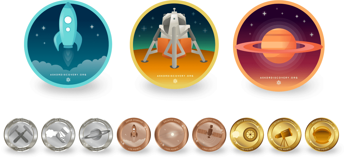 Badges for each level of Game Mode: Level 1, the Moon; Level 2, Mars; Level 3, Titan.