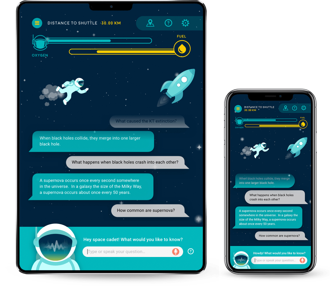 Game Mode v1.0, where users must get the astronaut Dr. Discovery to his space capsule with fuel bursts from his jetpack by asking questions about items in the museum exhibit, while paying attention to the oxygen levels.
