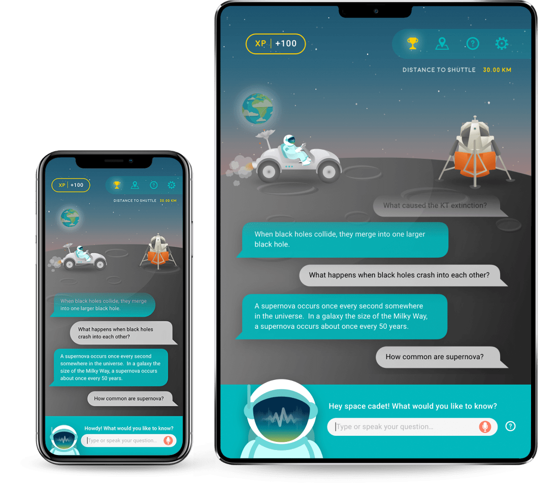 Game Mode v3.0 with simplified game mechanics and interface and added game levels. Depicted is Level 1, where Dr. Discovery is driven towards the Moon Lander with the lunar rover, driven by fuel gained by asking questions.