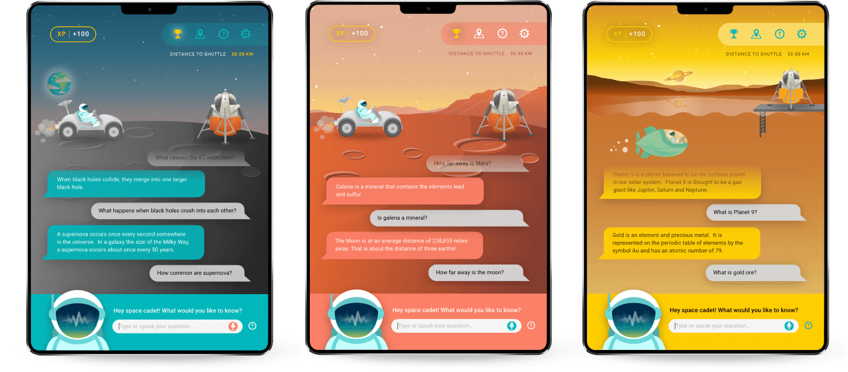 Ask Dr. Discovery Game Mode on tablet view featuring three different levels: Level 1, the Moon; Level 2, Mars; Level 3, Titan.