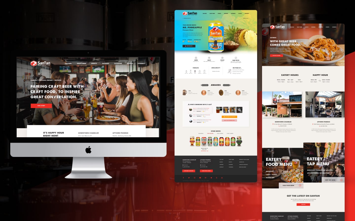 Redesigned website for San Tan Brewery & Distillery, featuring the homepage, a beer feature page, and the eatery page.