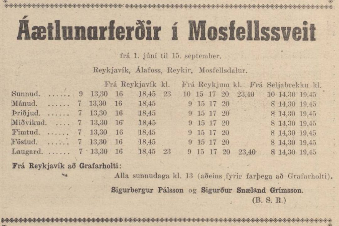 First company ad in 1945 showing a bus schedule from Reykjavik.
