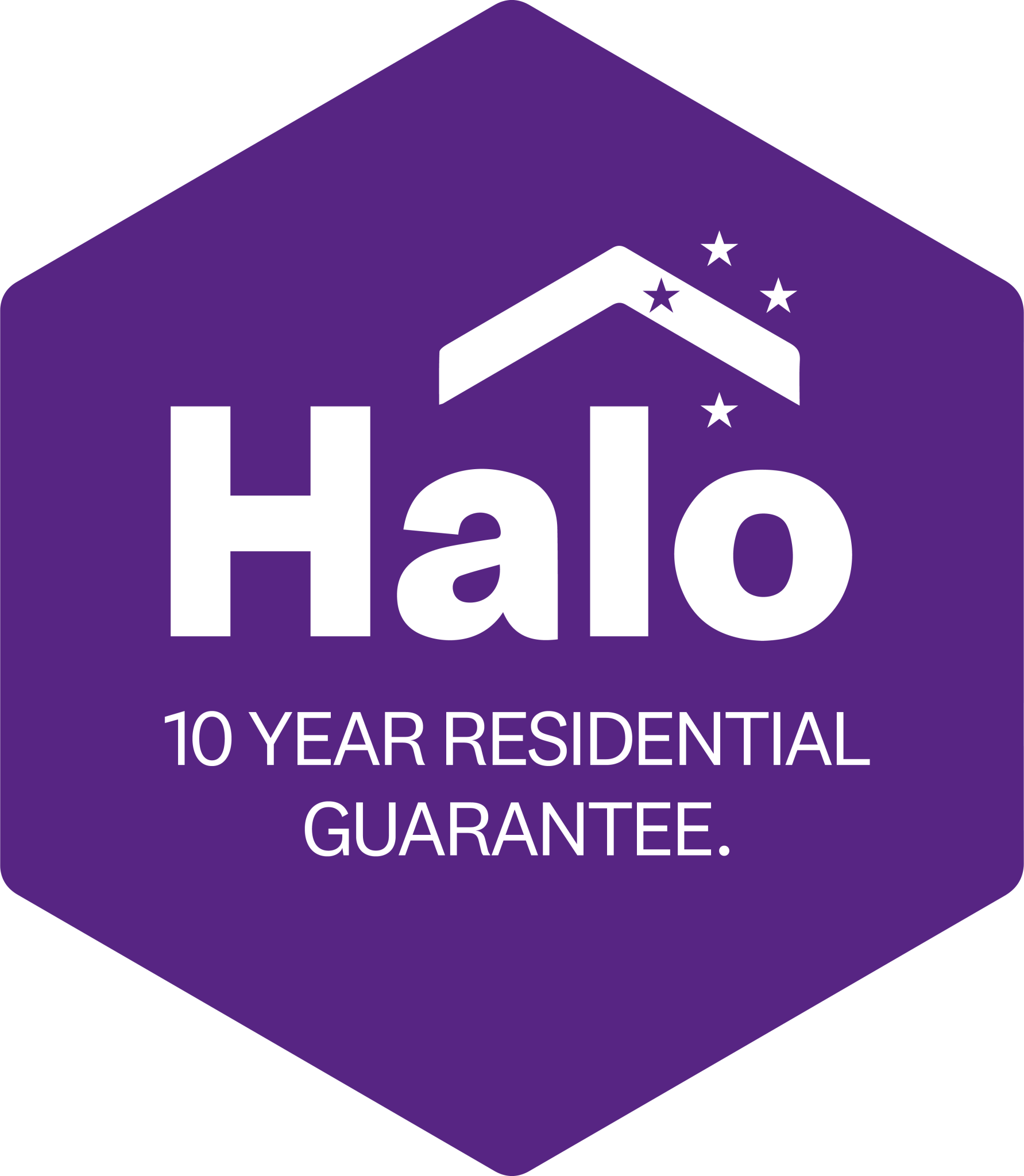 Purple hexagon with text Halo and 10 Year Residential Guarantee and a house roof icon with stars above it.
