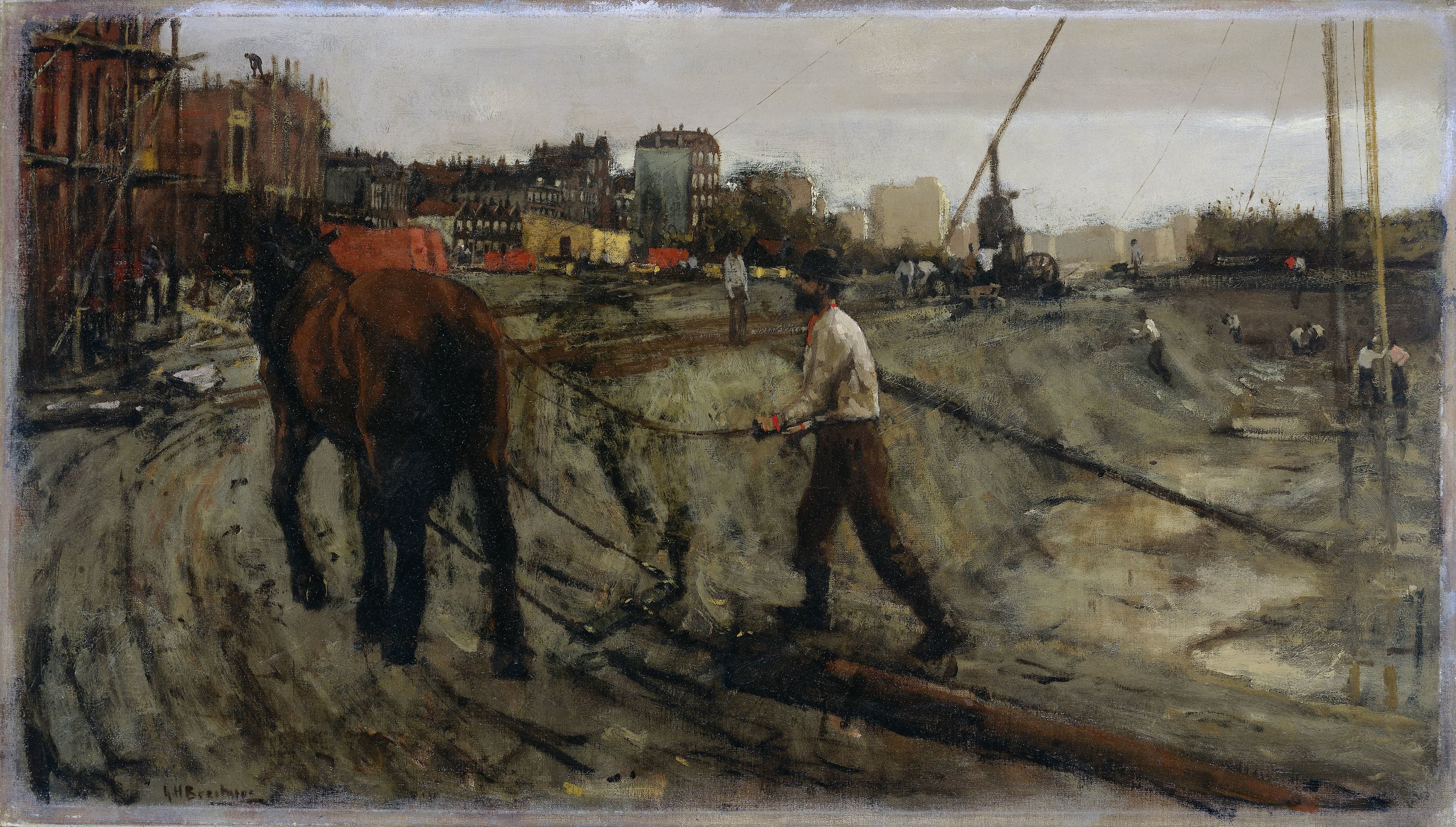 Schilderij door George Hendrik Breitner genaamd Bouwterrein in Amsterdam. 1880. Een heel normaal aangezicht voor een stad in deze dagen. Stedelingen klaagden steen en been, omdat ze altijd wel te maken hadden met grote bouwterreinen en openliggende straten.
