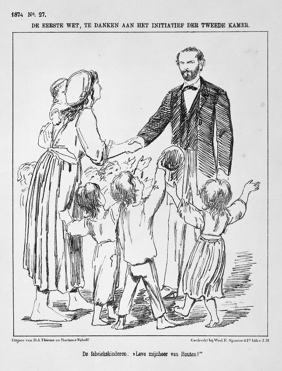 Samuel van Houten, indiener van de in 1874 aangenomen Wet op
de Kinderarbeid (‘Het Kinderwetje’), wordt bedankt door moeder
en kinderen. Lithografie van Elias Spanier, 1874, Amsterdam.