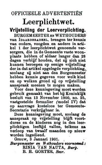 Artikel betreffend de aanvraag voor vrijstelling van Leerplichtwet uit Frisia (Dagblad van het Noorden) 26 januari 1901.