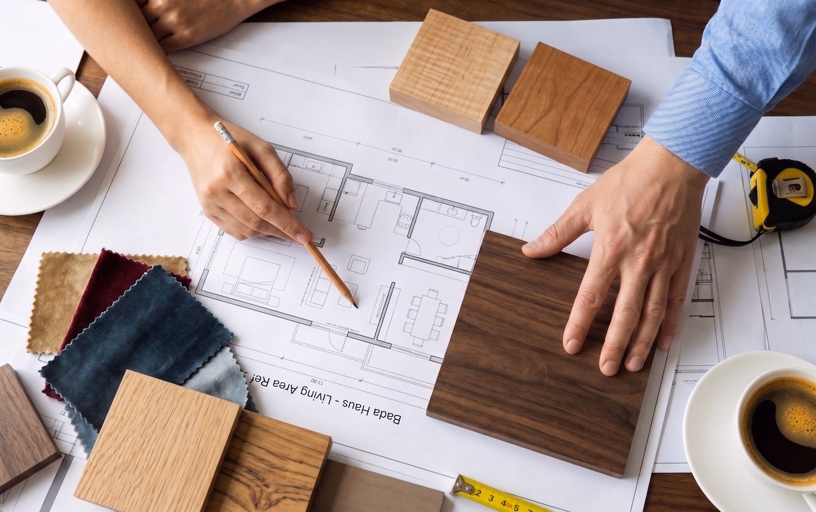 Interior design consultation with a client reviewing floor plans, finish selections, material samples, and appliance options