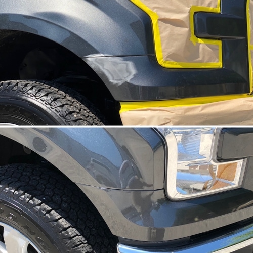 Before and after picture of repaired bumper