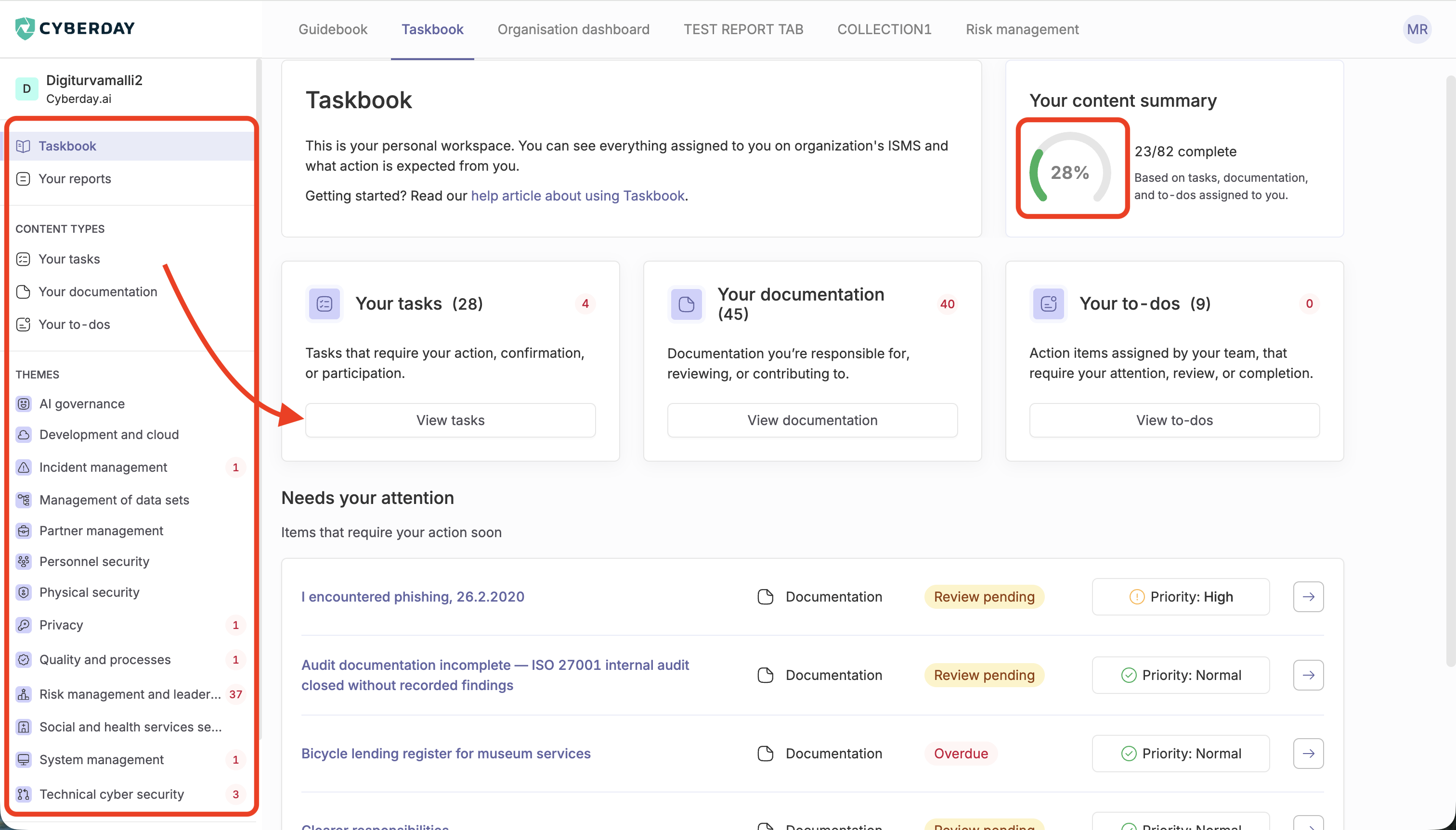 The new taskbook front page, highlighting the different navigation elements, like the 'your tasks', 'your documentation' cards and the theme navigation on the sidebar
