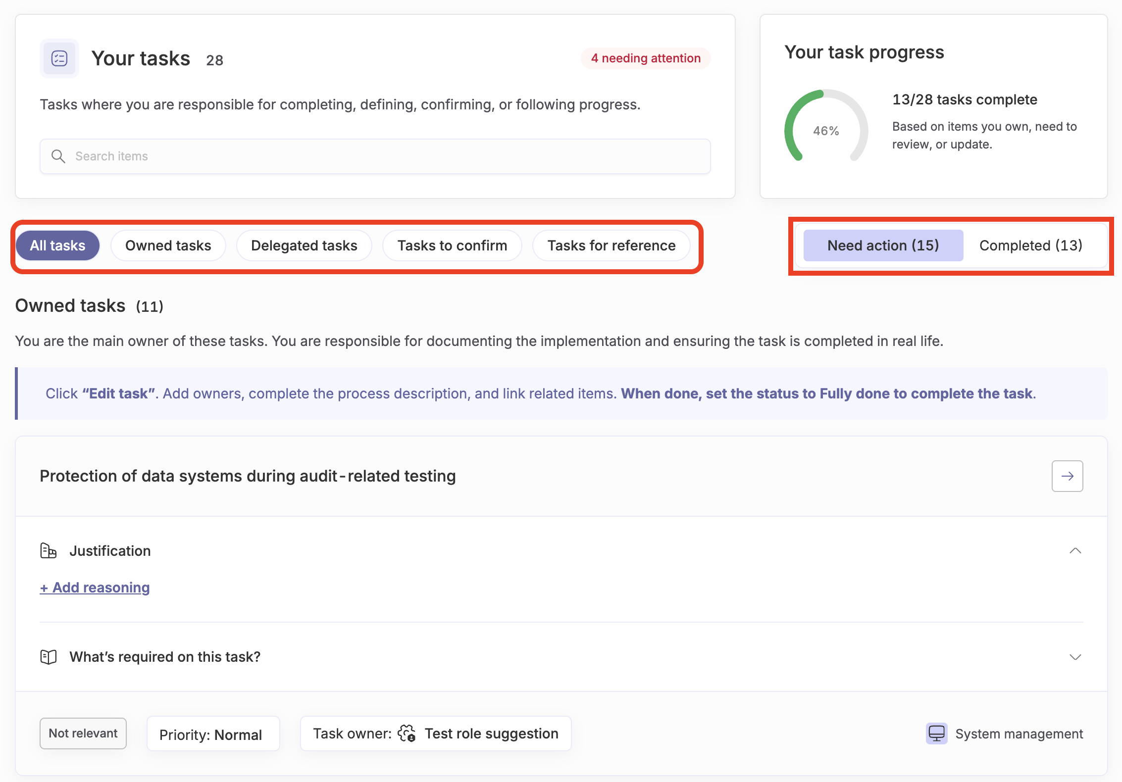 The navigation elements of the 'your tasks' section highlighted as an example, showing the different filter options and the need action/completed tab