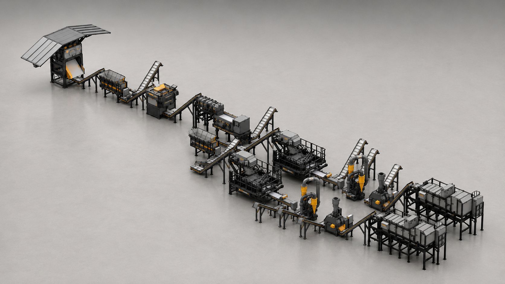 Render di una grande installazione industriale Stokkermill per il riciclaggio dei cavi
